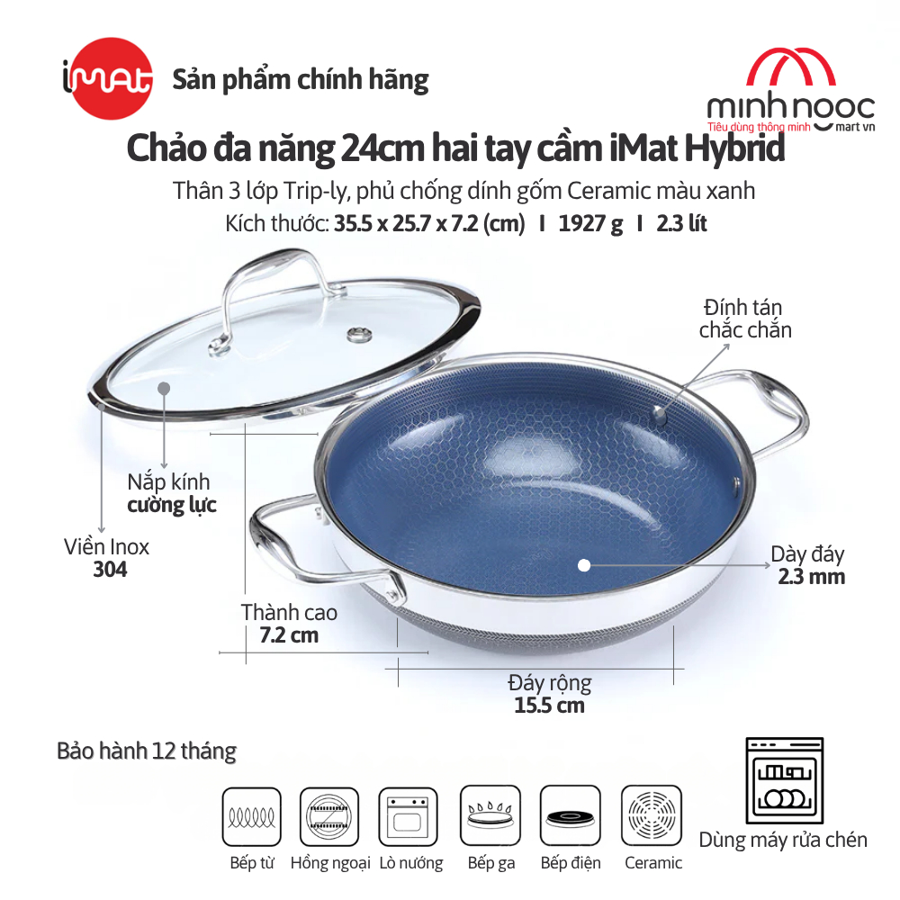 [Hỏa tốc HN - HCM] Chảo Đa Năng iMAT Hybrid Chống Dính Ceramic Xanh 24cm. Chiên, xào, lẩu, áp chảo..