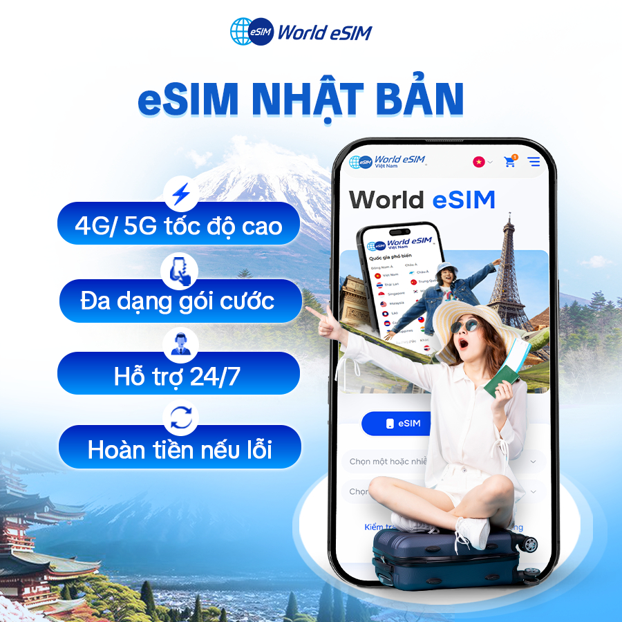 eSIM Du Lịch Nhật Bản 4G/5G Tốc Độ Cao - Mạng Lõi Docomo/Softbank - World eSIM Gửi eSIM Qua Email