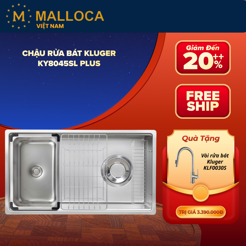 Bồn Rửa Bát Kluger KY8045SL Plus - Thiết Kế 1 Hố Tiện Lợi - Chất Liệu Inox Posco 304