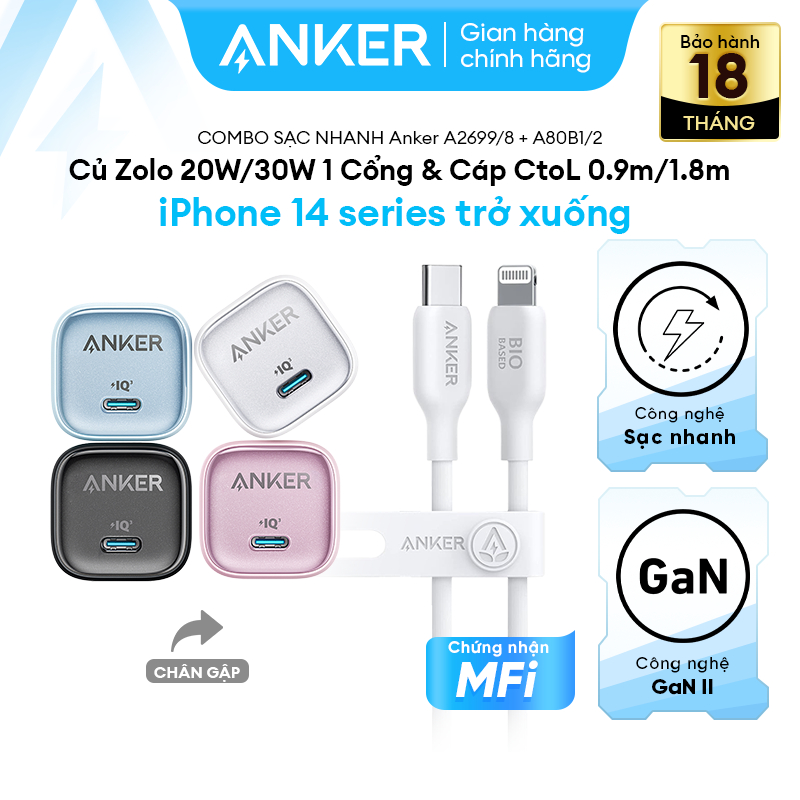 [ịP8-14] Combo sạc nhanh Anker 20W/30W 1 cổng| Củ sạc Zolo 20/30W & Cáp CtoL (Lightning) MFi Bio-based A2699/8 + A80B1/2 | BigBuy360 - bigbuy360.vn
