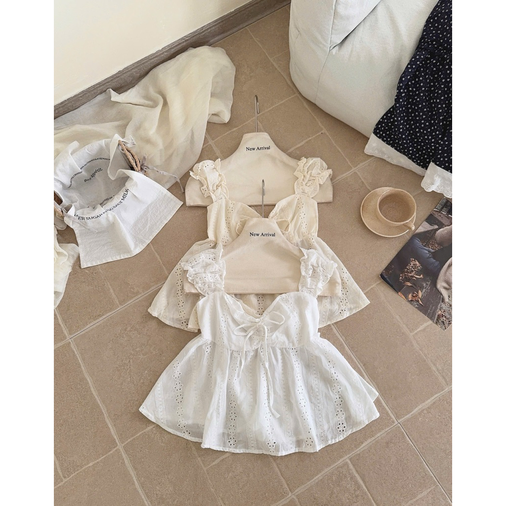 [Hàng Chuẩn QC] Áo 2 dây dáng babydoll chất thô boi thêu hoa cổ vuông thắt nơ mùa hè Lori Top - A1190 | BigBuy360 - bigbuy360.vn