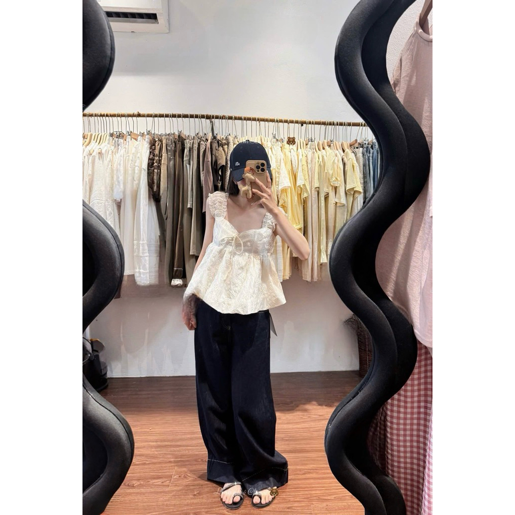 [Hàng Chuẩn QC] Áo 2 dây dáng babydoll chất thô boi thêu hoa cổ vuông thắt nơ mùa hè Lori Top - A1190 | BigBuy360 - bigbuy360.vn
