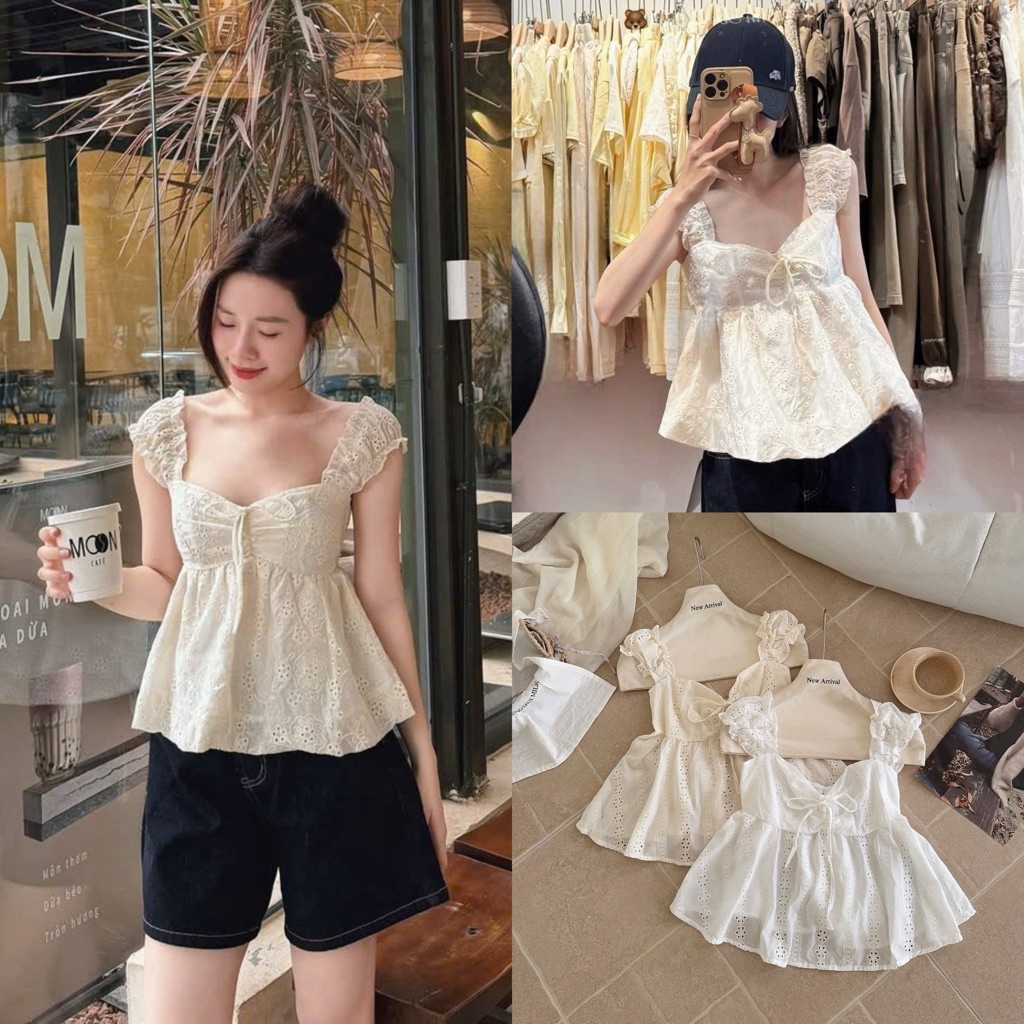 [Hàng Chuẩn QC] Áo 2 dây dáng babydoll chất thô boi thêu hoa cổ vuông thắt nơ mùa hè Lori Top - A1190 | BigBuy360 - bigbuy360.vn