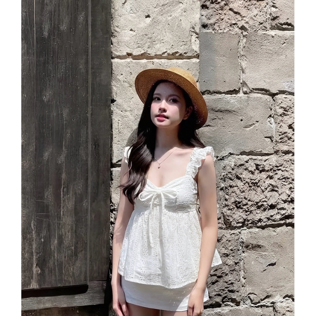 [Hàng Chuẩn QC] Áo 2 dây dáng babydoll chất thô boi thêu hoa cổ vuông thắt nơ mùa hè Lori Top - A1190 | BigBuy360 - bigbuy360.vn