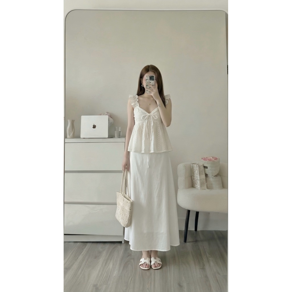 [Hàng Chuẩn QC] Áo 2 dây dáng babydoll chất thô boi thêu hoa cổ vuông thắt nơ mùa hè Lori Top - A1190 | BigBuy360 - bigbuy360.vn