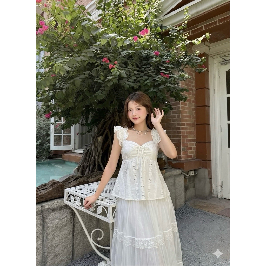 [Hàng Chuẩn QC] Áo 2 dây dáng babydoll chất thô boi thêu hoa cổ vuông thắt nơ mùa hè Lori Top - A1190 | BigBuy360 - bigbuy360.vn