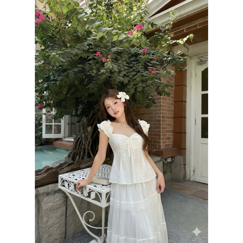 [Hàng Chuẩn QC] Áo 2 dây dáng babydoll chất thô boi thêu hoa cổ vuông thắt nơ mùa hè Lori Top - A1190 | BigBuy360 - bigbuy360.vn