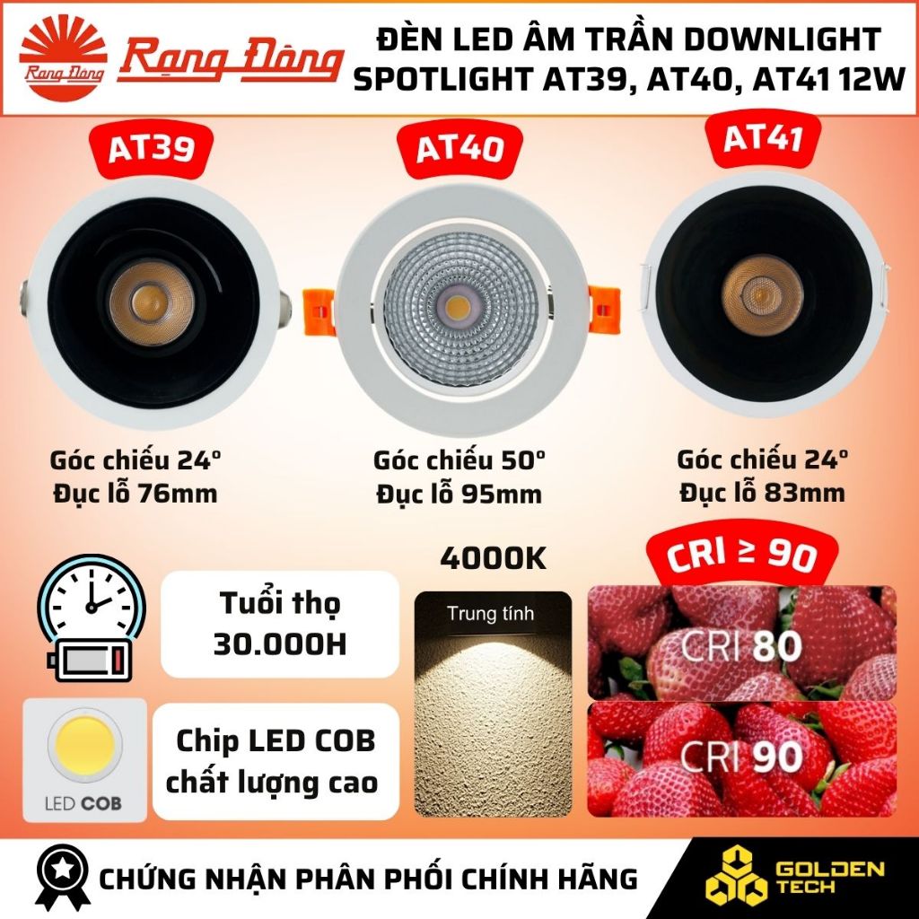(Rạng Đông) Đèn LED âm trần Downlight Spotlight 12W Trung tính 4000K góc 24°,  50° AT39, AT40, AT41