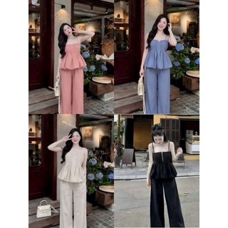 Set bộ thời trang nữ phong cách dịu dàng chất đũi dày áo 2 dây bo eo phối quần dài ống rộng đơn giản