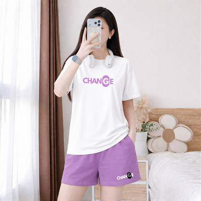 Bộ quần áo thun nữ dáng rộng NB25 in chữ Change chất liệu cotton Loza BP14