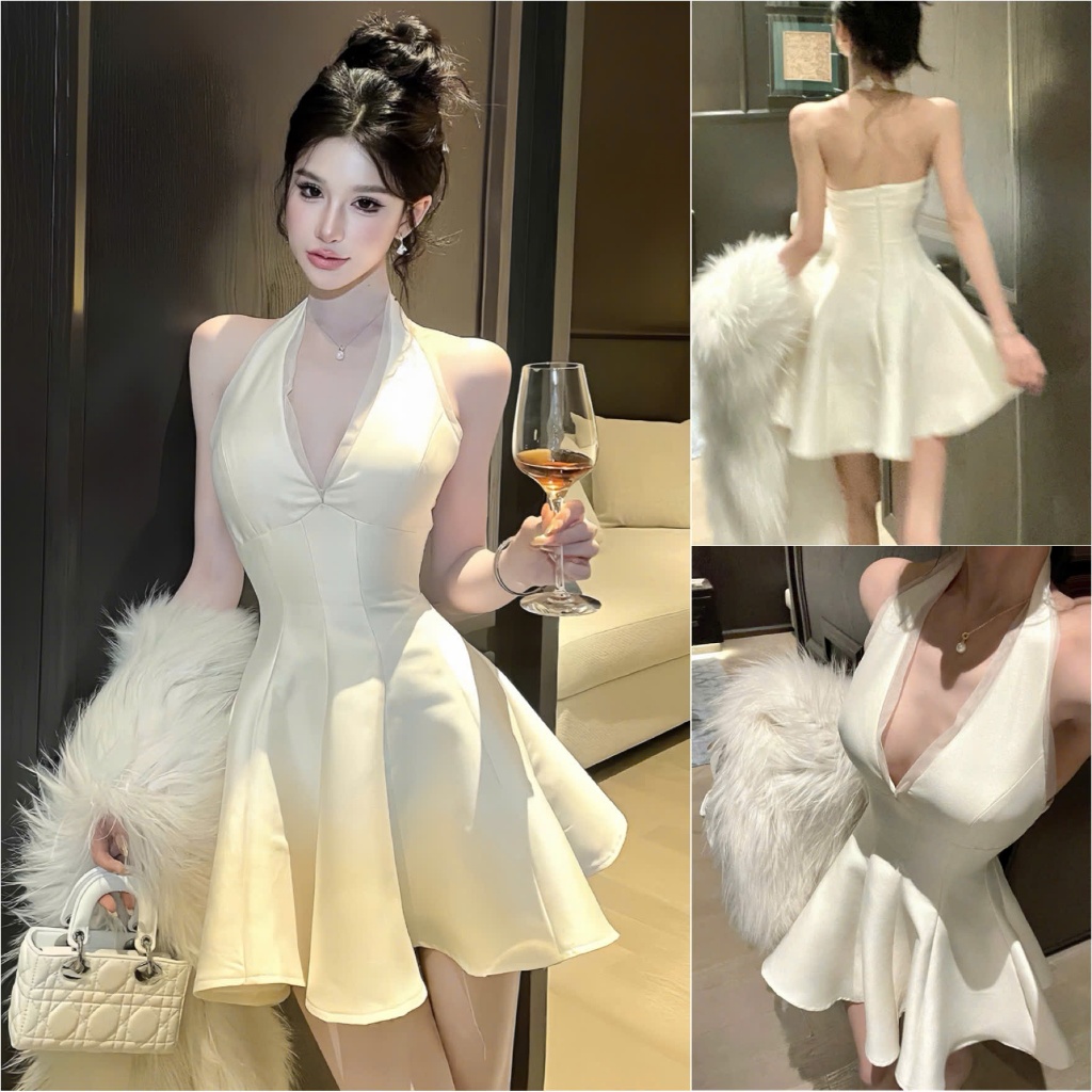 Đầm dự tiệc cổ yếm màu trắng sang trọng phù hợp mọi bữa tiệc A148 (Ngắn kèm quần Bh) - Akara Closet