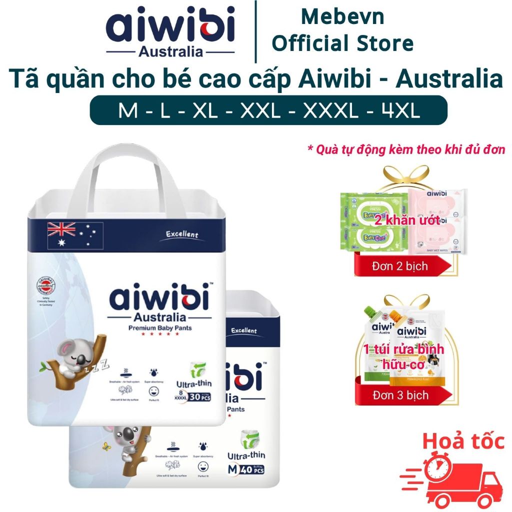 Tã quần cho bé Aiwibi Australia, bỉm cho bé siêu mỏng và mềm mại, bỉm aiwibi thấm hút đến 10 tiếng
