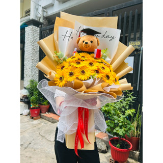 Bó hoa hướng dương gấu tốt nghiệp, 15 bông hoa sáp