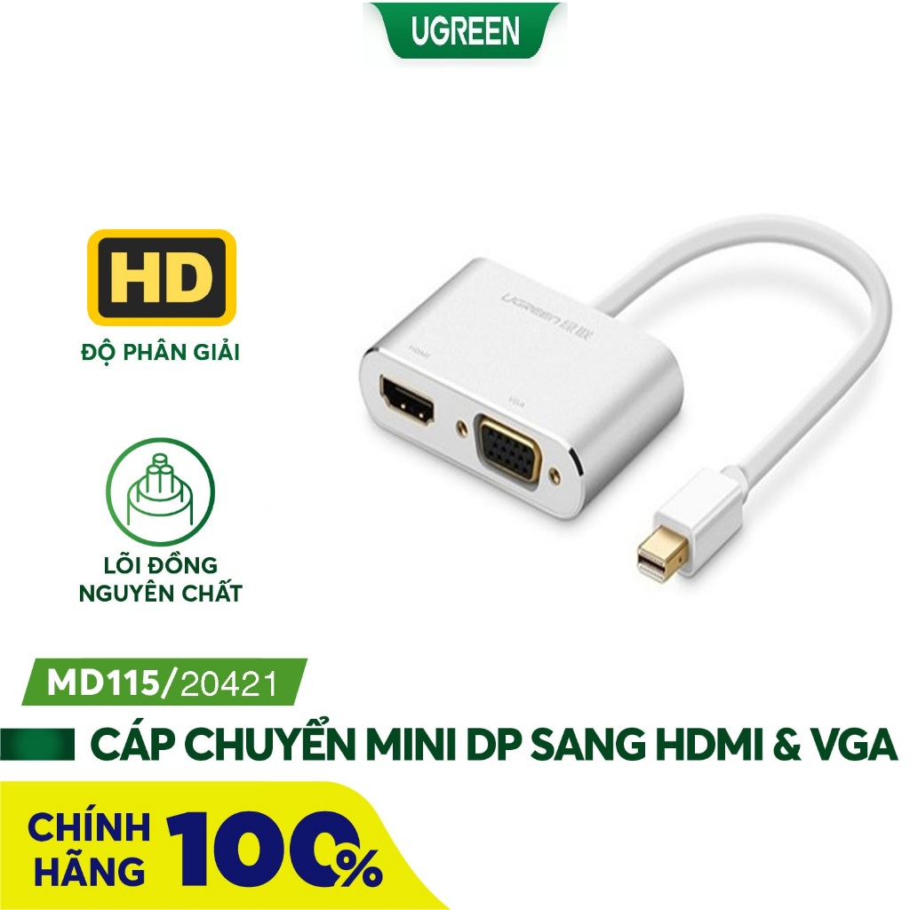 Cáp Chuyển Mini Displayport to HDMI & VGA Ugreen 20421 (Thunderbolt To HDMI & VGA) - Hàng Chính Hãng