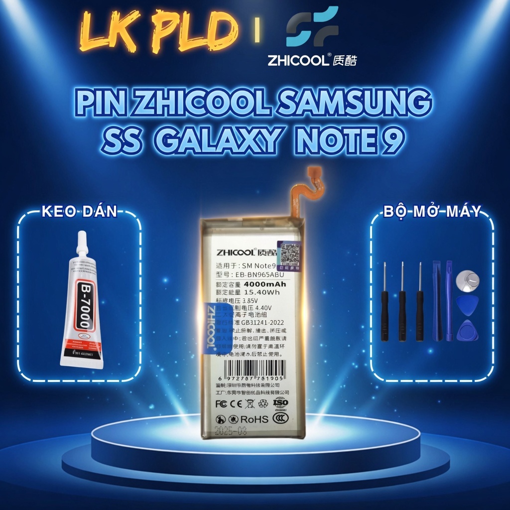 Pin Samsung Note 9 Zhicool, Pin Note 9 4000mAh, Tặng kèm bộ mở mày và keo dán, Bảo hành 3 tháng