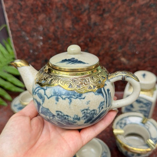 Ấm chén bọc đồng men rạn dáng hồng Bát Tràng