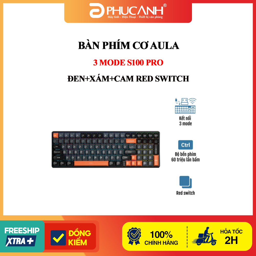 Bàn phím cơ Aula 3 MODE S100 Pro đen+xám+cam red switch
