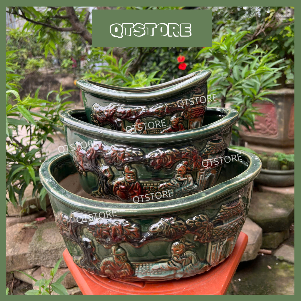 Bộ 3 Chậu Oval Thuyền Men Xanh - Chậu Trồng Cây Bonsai, Cây Cảnh, Cây Văn Phòng