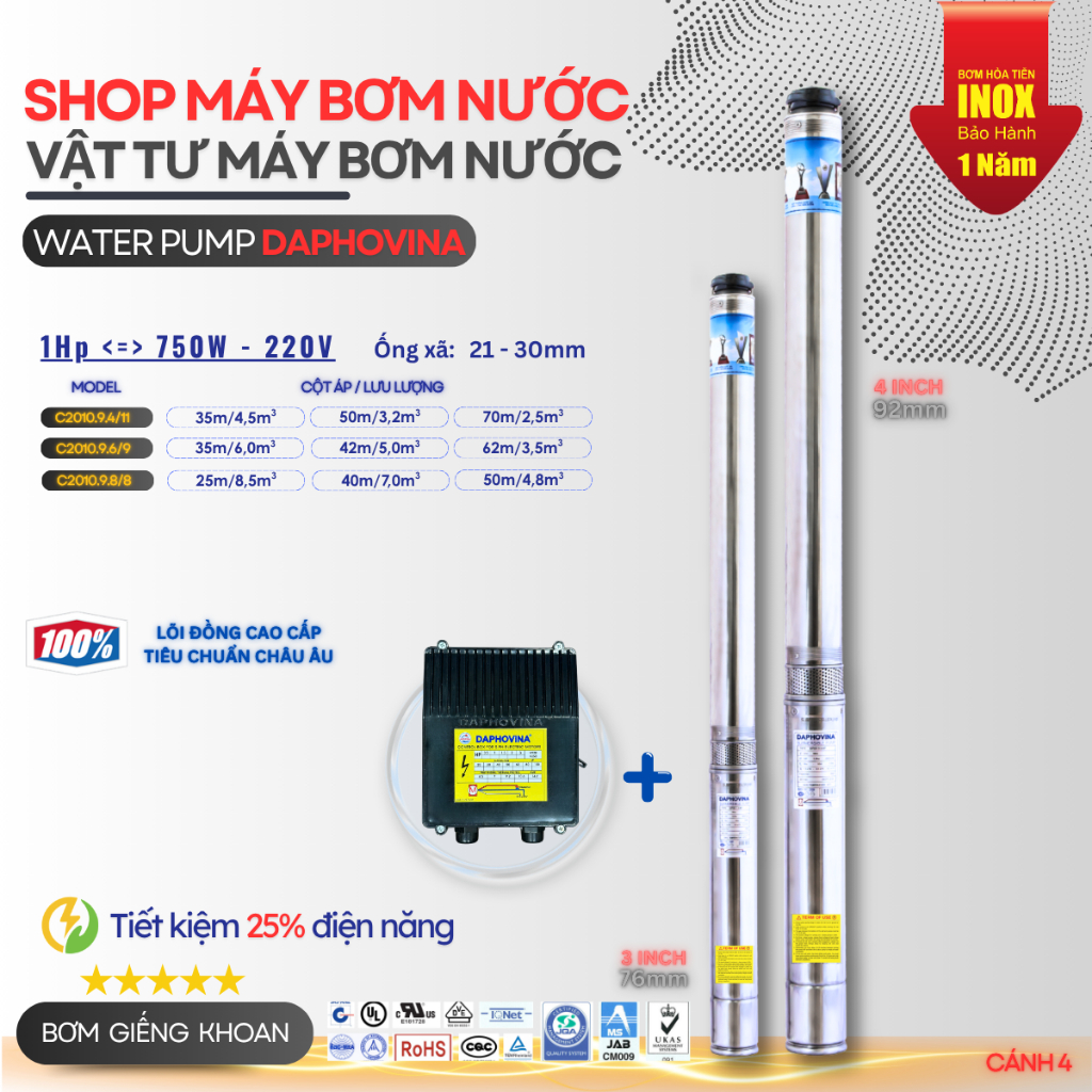 Máy Bơm Hỏa Tiễn Daphovina 1Hp (750W) – Điện 1 Pha 220V – Dùng Cho Giếng Khoan 4" (92mm)