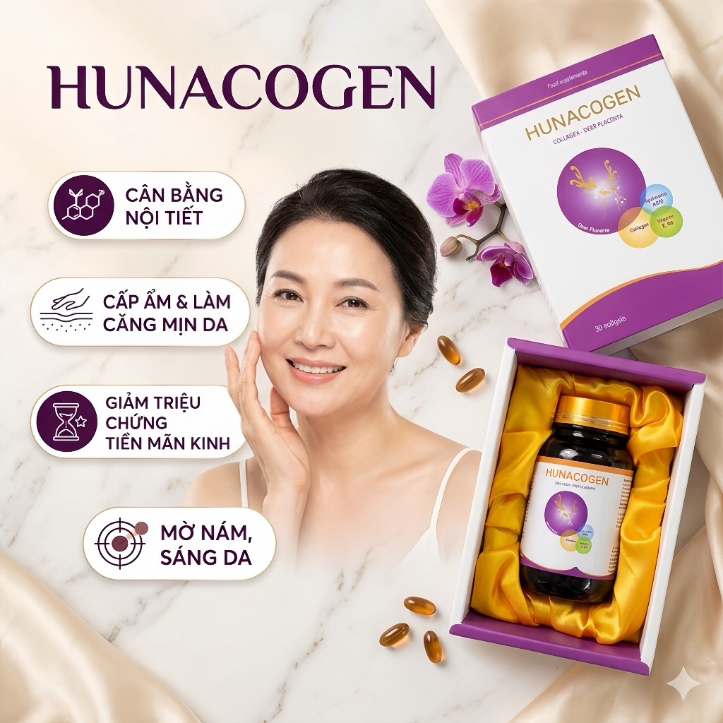 Viên uống đẹp da Hunacogen / Tăng nội tiết tố nữ - Bổ sung Collagen giúp trắng da, giảm nám mờ tàn nhang- 30 viên