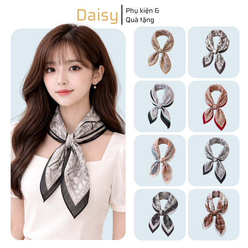Khăn Lụa Vuông 70x70cm, Chất Liệu Mềm Mịn Họa Tiết Hoa Văn, Sọc Thanh Lịch , Dùng Quấn Túi Quàng Cổ 