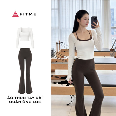 Bộ đồ tập gym pilates yoga nữ Fitme BLOOM áo thun dài tay trắng, quần ống loe tôn dáng thoáng khí thấm hút mồ hôi
