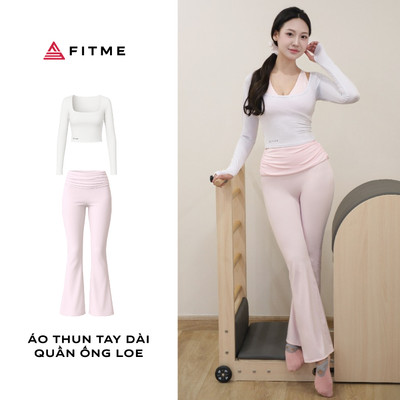 Bộ đồ pilates yoga Fitme Bloom nữ áo trắng dài tay phối quần ống loe hồng pastel thoáng mát