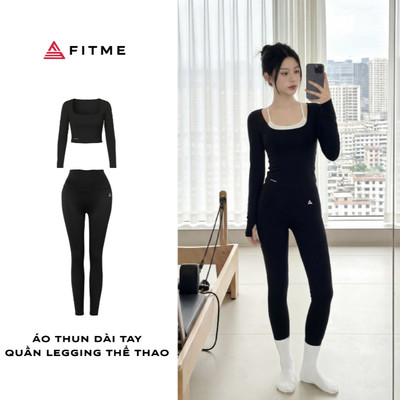 Bộ đồ tập gym pilates yoga nữ Fitme BLOOM áo thun dài tay, quần legging đen tôn dáng thoáng khí thấm hút mồ hôi