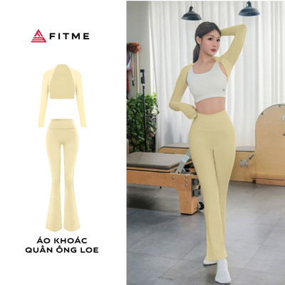 Bộ đồ tập pilates yoga nữ Fitme áo khoác GOC, quần ống loe vàng pastel thoáng khí thấm hút mồ hôi