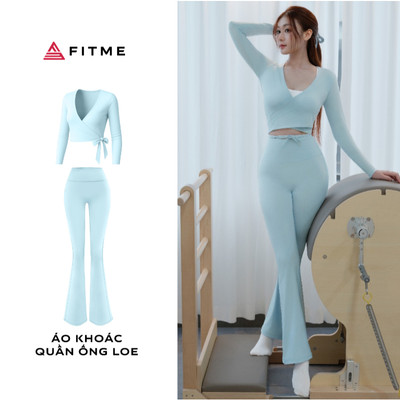 Bộ đồ tập pilates yoga nữ Fitme áo khoác Glow quần ống loe xanh pastel tôn dáng thoải mái