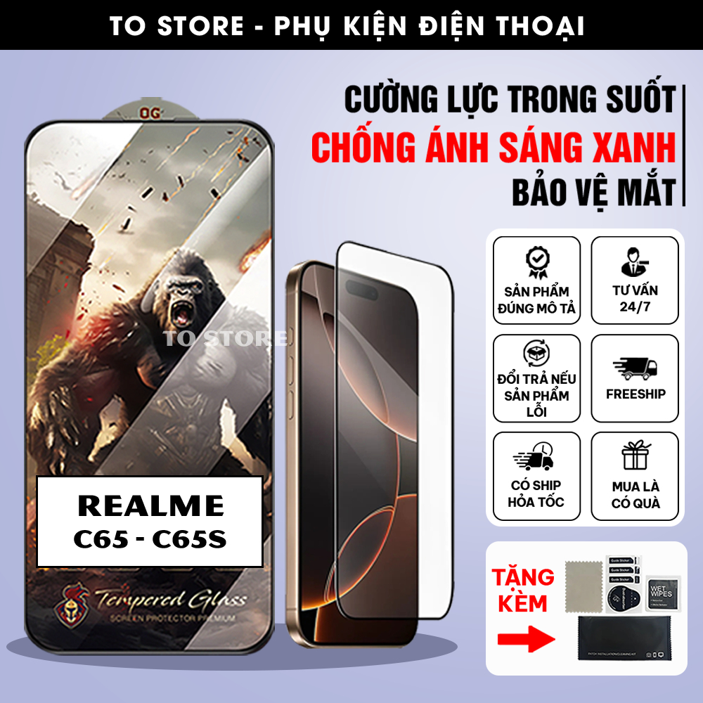 Kính cường lực Realme C65 / C65s trong suốt full màn, chống ánh sáng xanh, bảo vệ mắt | KKCB