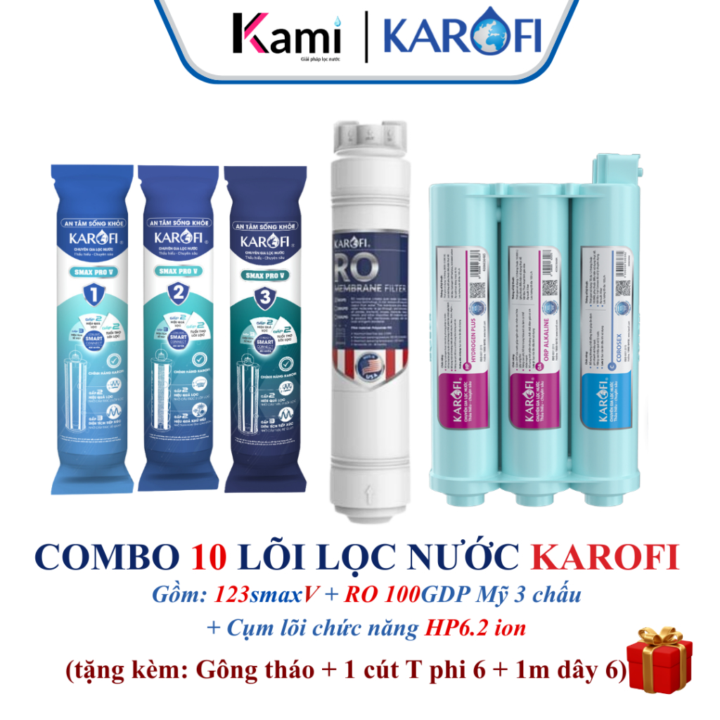 Bộ 10 lõi lọc nước Karofi cho máy KAQ-U95 PRO, KAQ-M22, KAD-M29... (123 Smax Pro V, RO 100GPD Mỹ 3 c