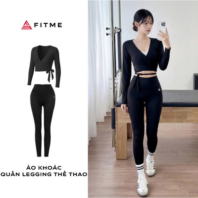 Bộ đồ tập pilates yoga nữ Fitme áo khoác đen Glow kết hợp quần legging đen co giãn tôn dáng thoáng khí
