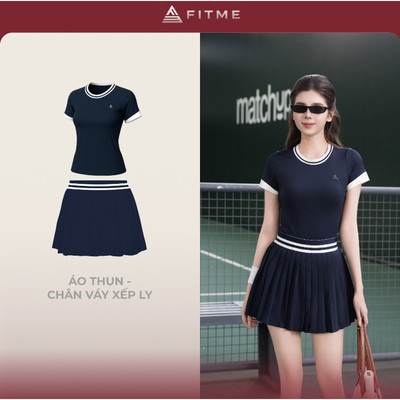 Bộ đồ Pickleball, cầu lông, tennis nữ Fitme GR áo thun thoáng khí , chân váy xếp ly Navy kèm quần bảo hộ