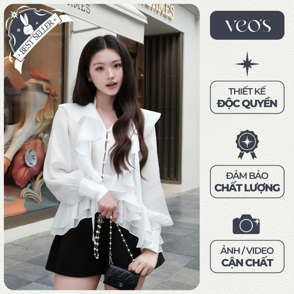 Áo Sơ Mi Chất Tơ Chiffon Thiết Kế Cổ V Phối Bèo Tiểu Thư Tay Bồng Màu Trắng - Irene Top | BigBuy360 - bigbuy360.vn