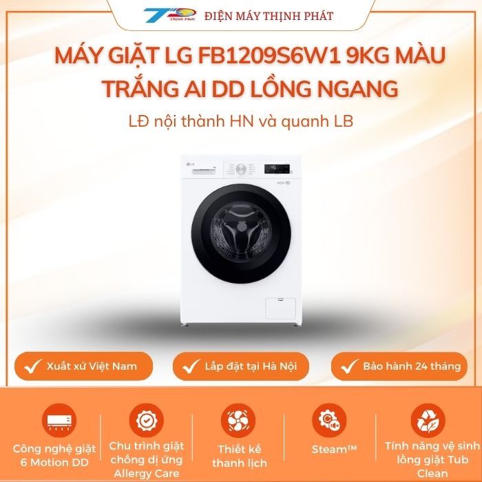 Máy giặt LG FB1209S6W1 9kg màu trắng AI DD lồng ngang|LĐat nội thành Hà Nội&quanh Long Biên