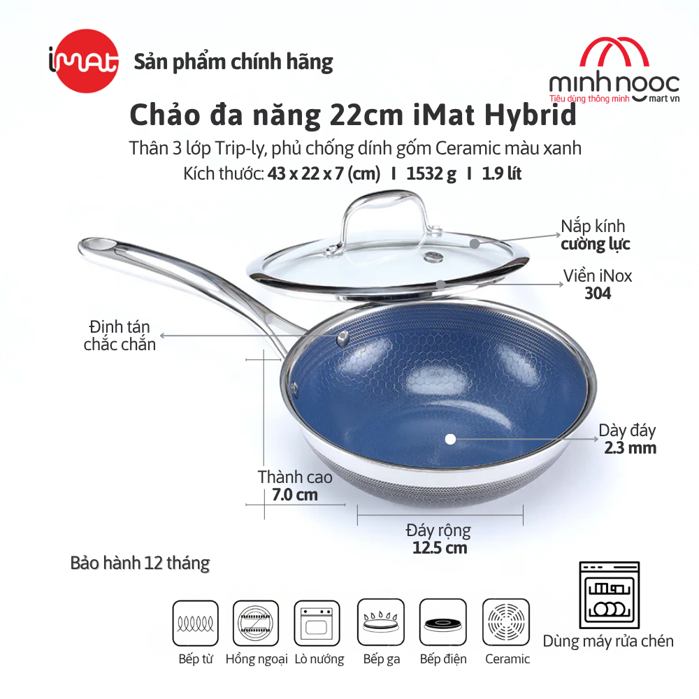 [Hỏa Tốc HN - HCM] Chảo Xào Đa Năng Sâu Lòng Chính Hãng IMat Hybrid Lòng Xanh 22Cm Chiên Xào Áp Chảo
