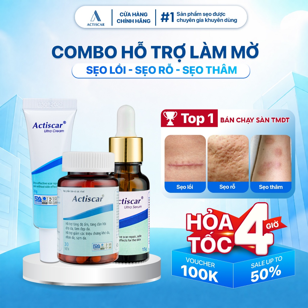 Bộ 3 Kem + Serum + Viên uống hỗ trợ làm mờ sẹo thâm, sẹo lồi, sẹo rỗ trên da an toàn và hiệu quả Act