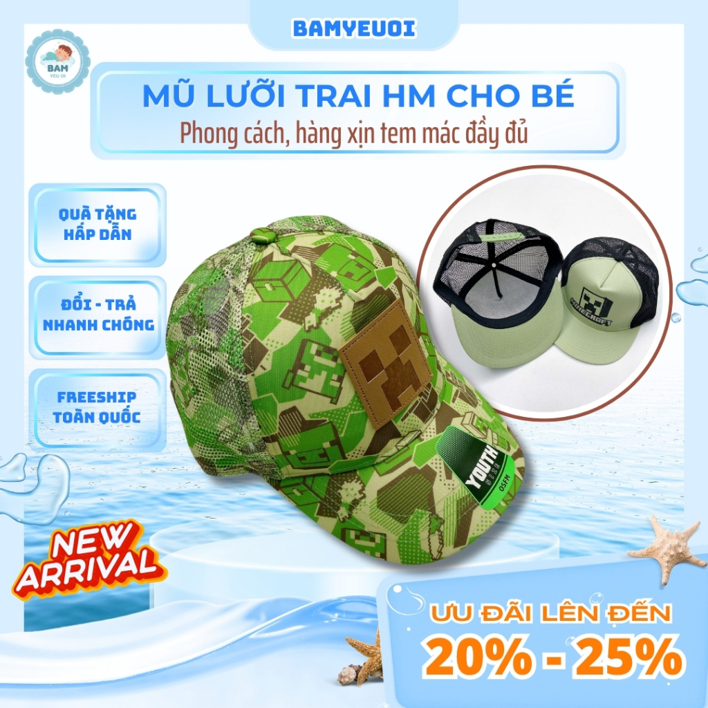 Mũ lưỡi trai cho bé, mũ HM họa tiết minecraft trẻ em hàng dư xịn