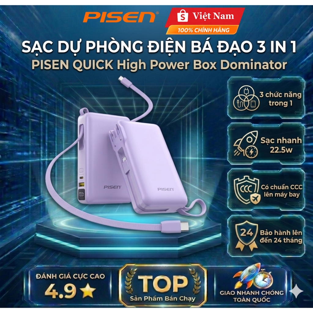 [Hỏa tốc] Sạc dự phòng chân cắm PISEN QUICK High Power Box 10000mAh OWN 22.5W kèm 2 cáp - Chuẩn CCC