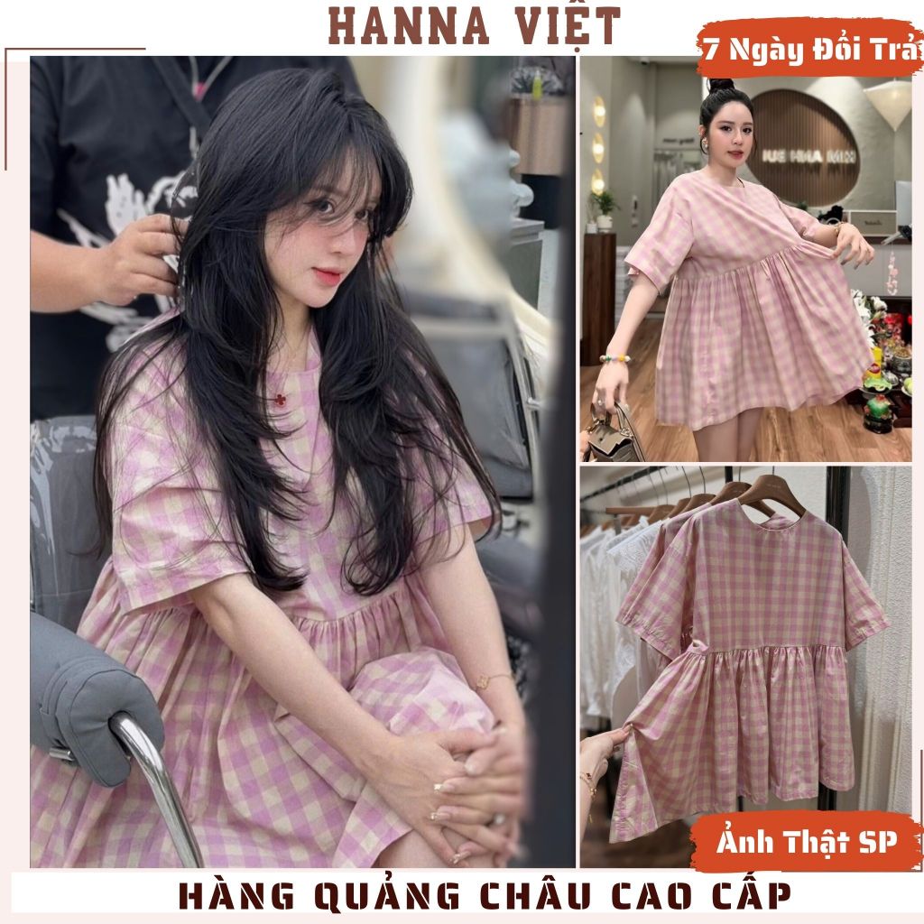Váy Nữ, Váy Babydoll, Váy Babydoll Kẻ Ô Hồng Tay Lỡ Form Rộng Rãi KAB Hàng QCCC HCM Ms781