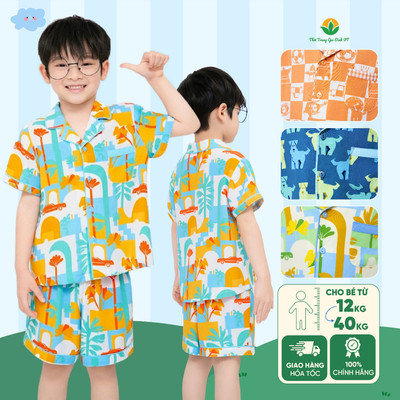 Đồ bộ pijama bé trai chất Lanh tole Việt Thắng mềm mát , quần đùi áo cộc tay họa tiết - B63.6043