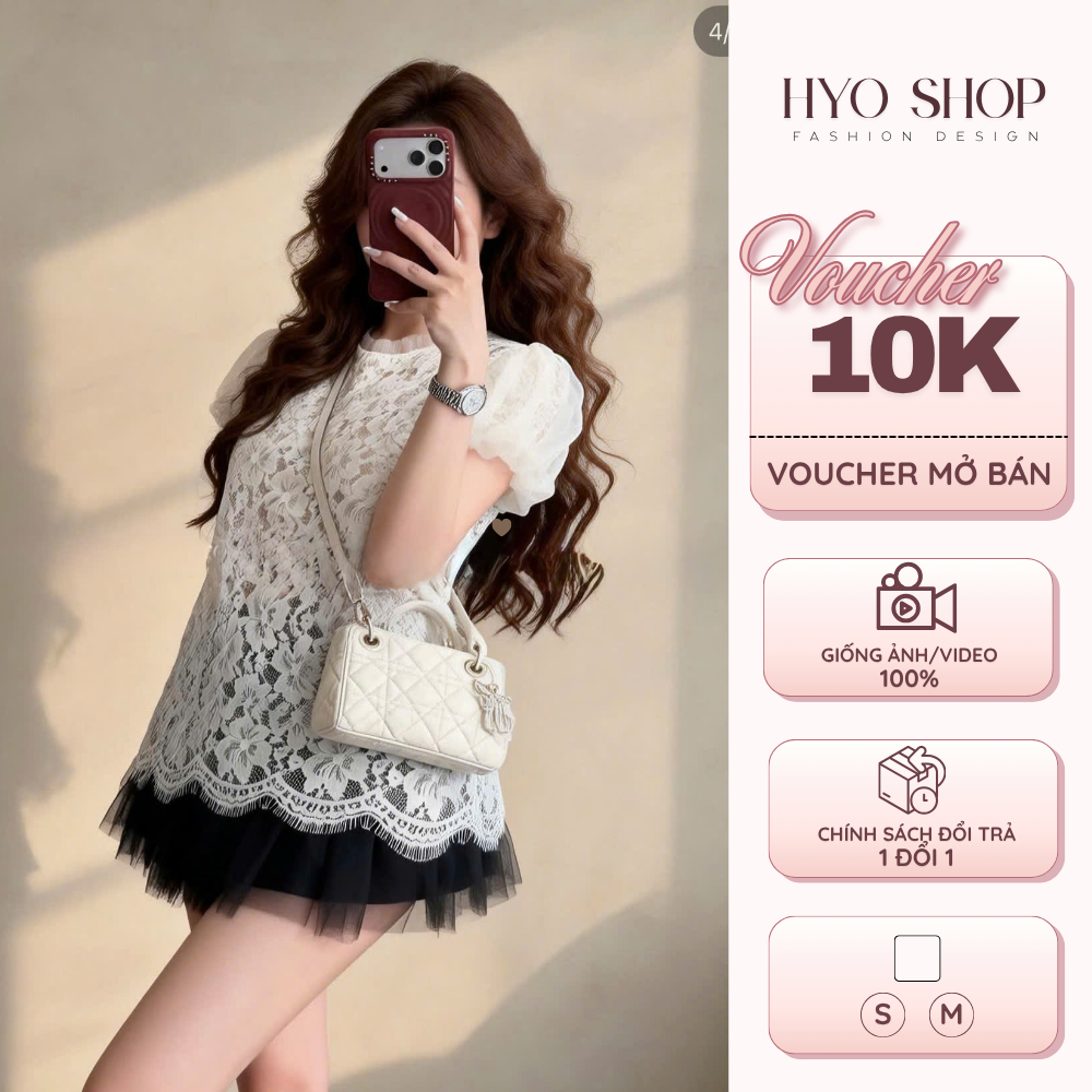 Set đồ nữ 2 món áo ren tay bồng phối chân váy lưới đen dáng xoè sang chảnh - HYO SHOP