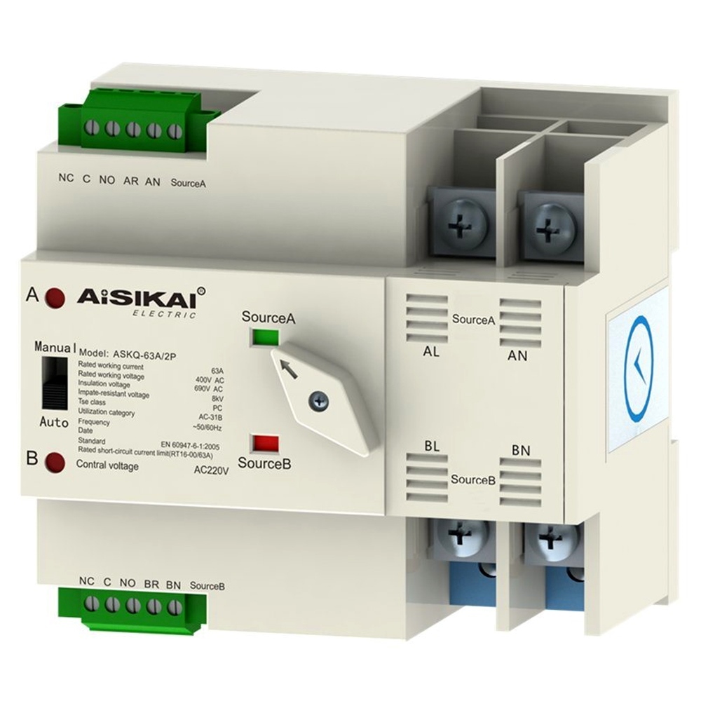 Bộ chuyển nguồn tự động Aisikai 1 Pha 63A 2P, ASKQ1-63A. Model:ASKQ1-63A/2P/CK