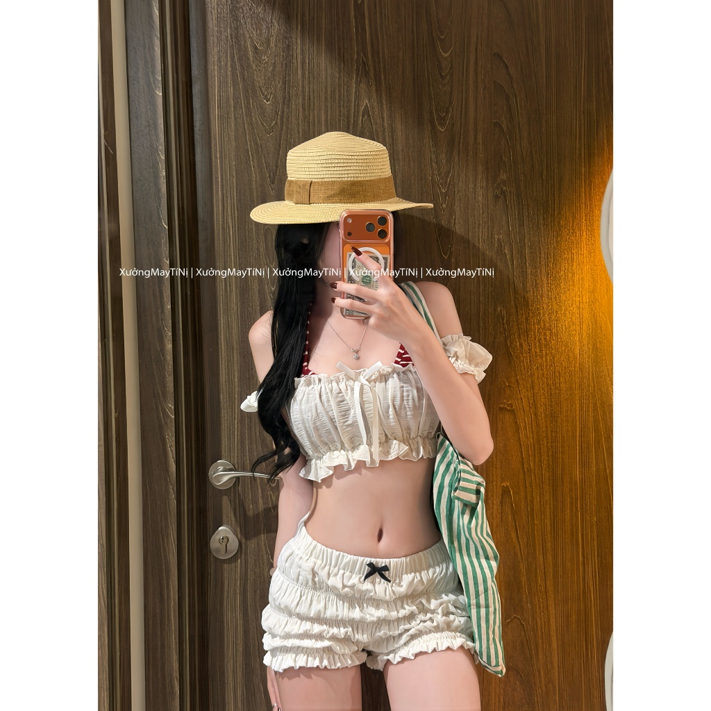 Xuongmaytini - Set Quần Bí có nơ Tí Nị (không kèm bra) vải xốp mỏng may nhún tôn vòng 3 quần đi biển Quần_Q1 | BigBuy360 - bigbuy360.vn