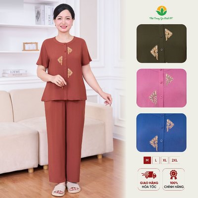 Đồ bộ lanh trung niên mặc nhà Việt Thắng , quần dài áo cộc tay in họa tiết B28.6080