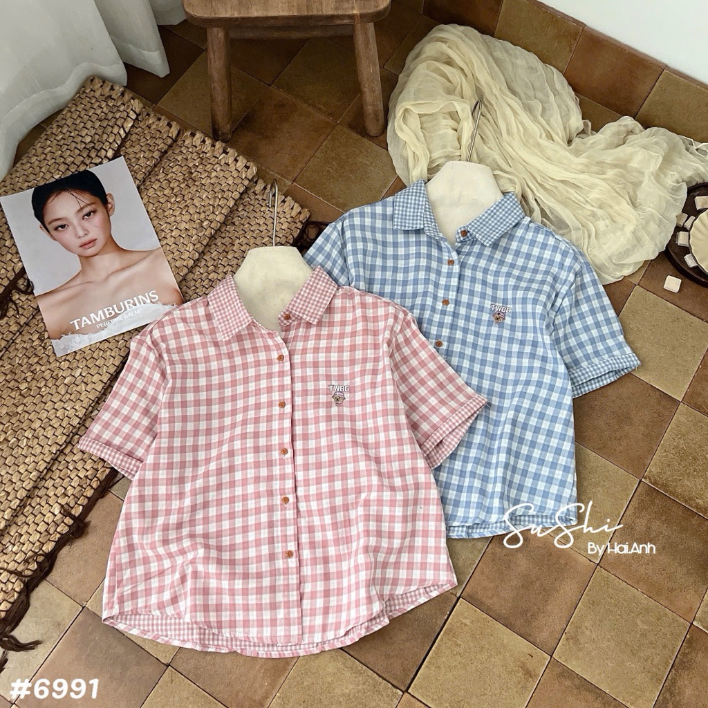 Áo sơ mi kẻ caro thêu ngựa ngắn tay, chất thô mềm mặc mát SM6962 - NhiNhi Shop