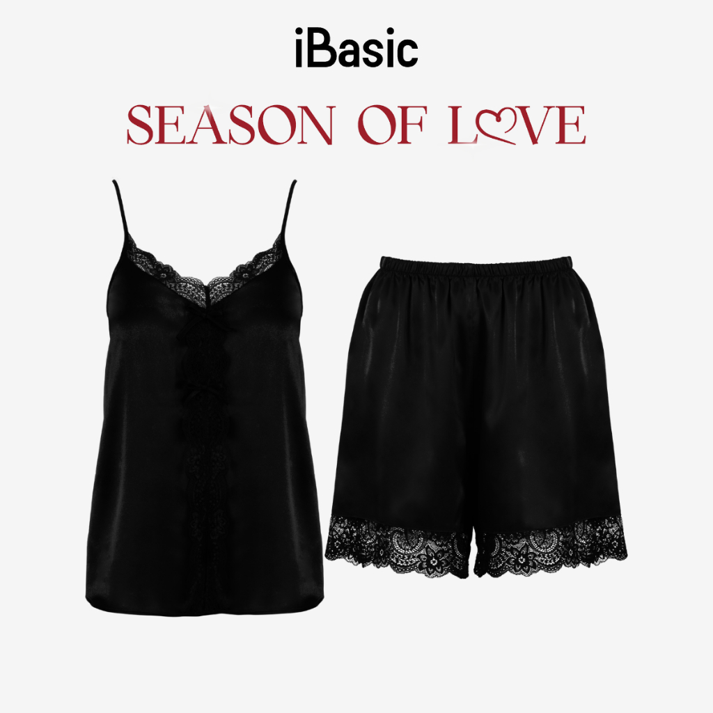 [SEASON OF LOVE] Đồ ngủ Bộ mặc nhà nữ 2 dây lụa satin phối ren iBasic gợi cảm màu đen HOMW058