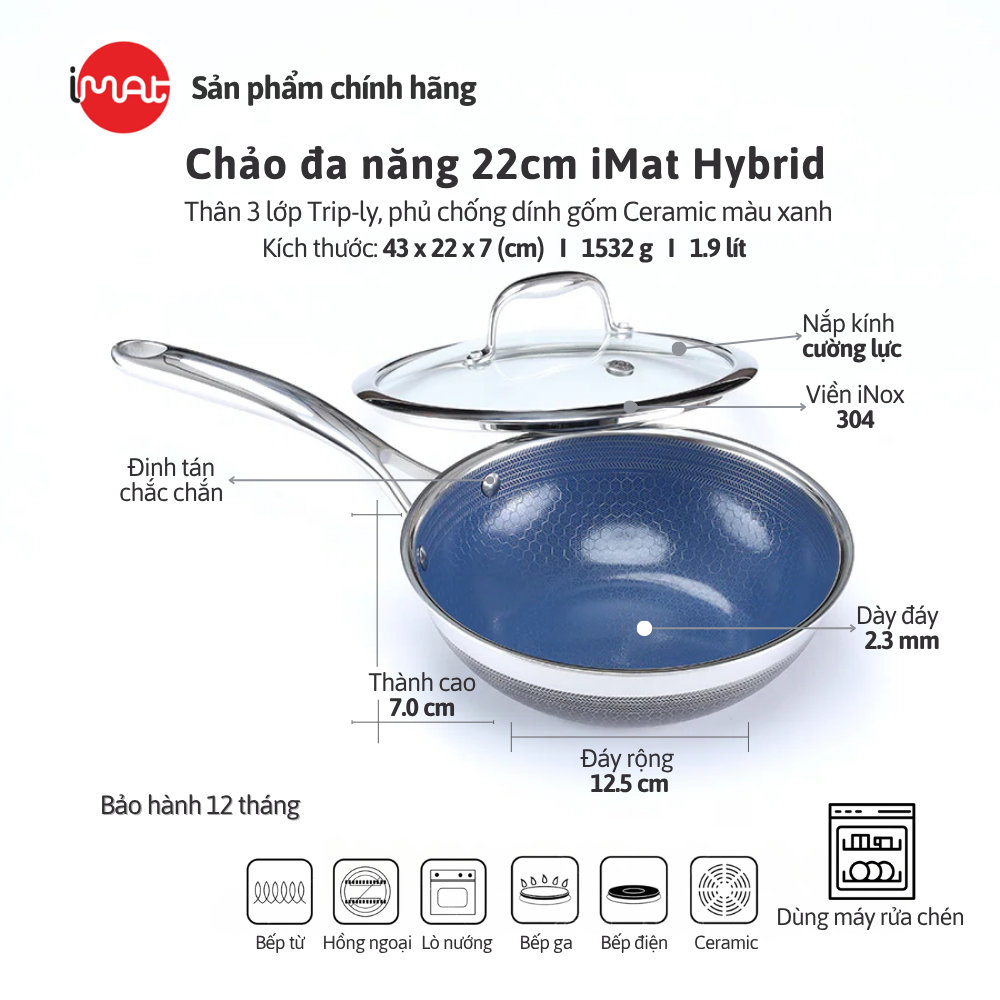 Chảo Xào Sâu Lòng Đa Năng IMAT Hybrid Lòng Xanh Mới, Đường Kính 22cm. Chiên, Xào, Áp Chảo..