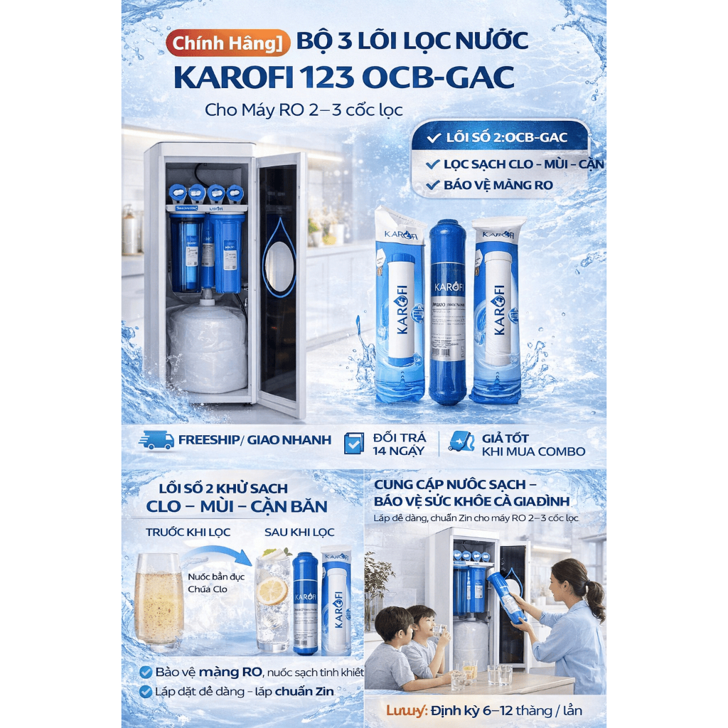 Combo 3 Lõi Karofi 123 OCB Nhỏ – Dùng Cho Máy N-e, B930, E8RO, H8RO, Lọc Sạch Nước, Thay Dễ Dàng